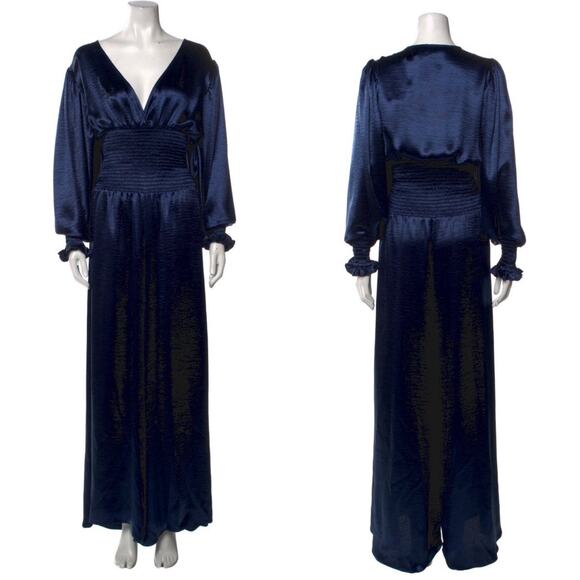 Caroline Constas V Neck Smocked Waist Wide Leg Satin Navy Blue Jumpsuit Small - Picture 4 of 8